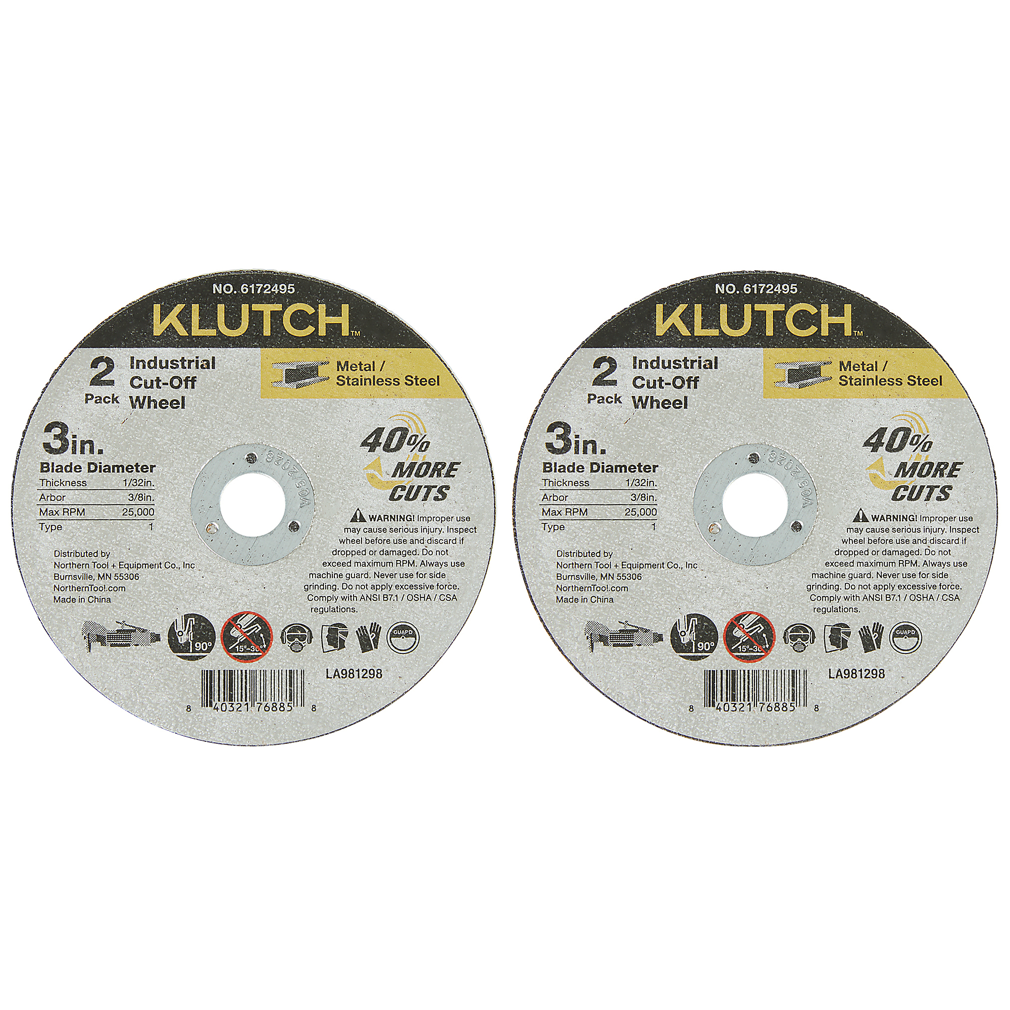 Klutch Industrial Metal Cutoff Wheels, 3in. x 1/32in. x 3/8in., Type 1, 2-Pk.